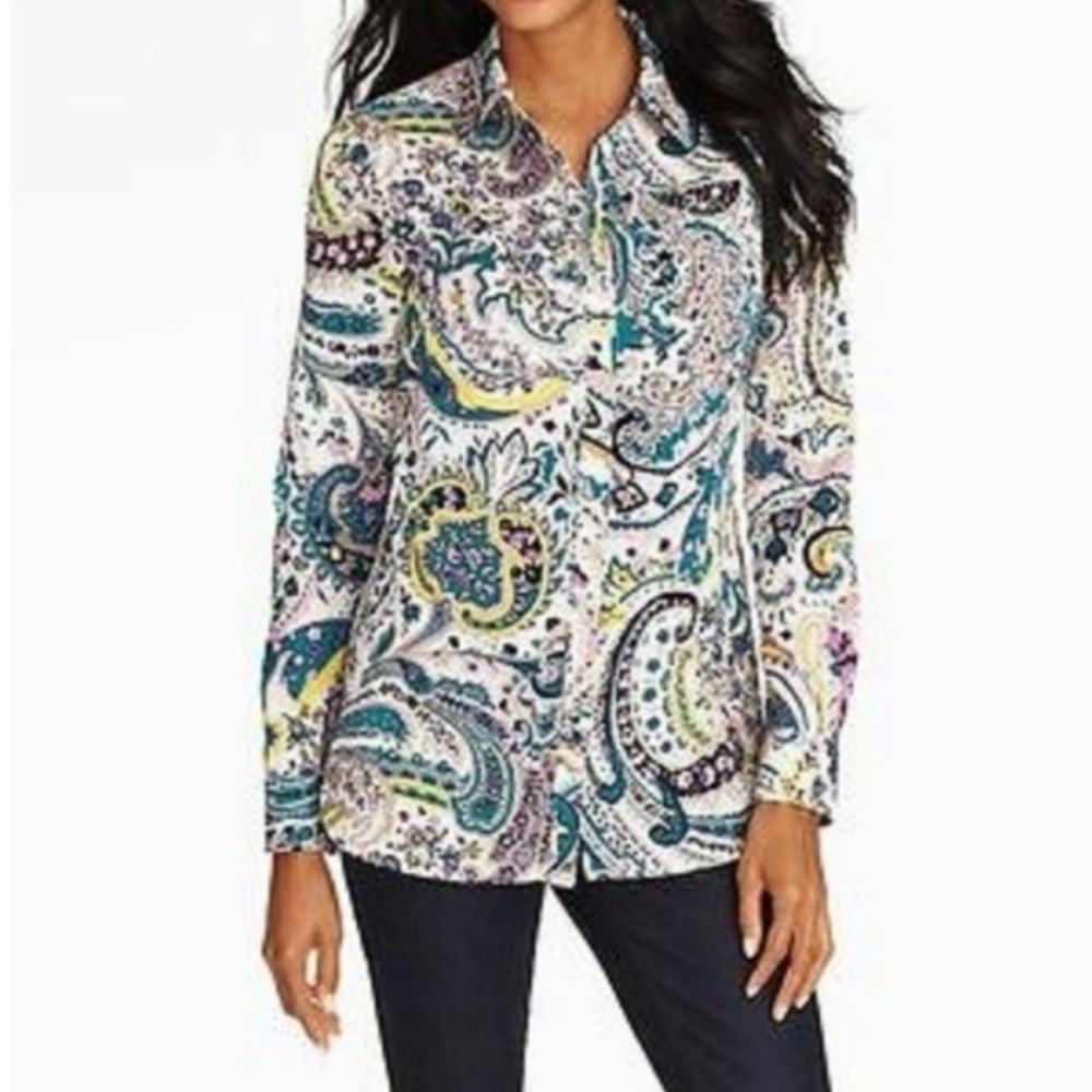 TALBOTS Paisley Button Up Blouse Size M Colorful Country Rolled Sleeve Boho